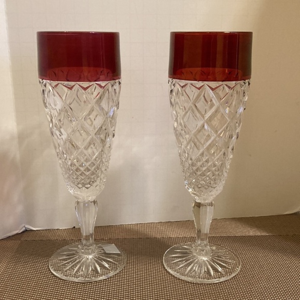 VTG pair Christopher Stuart Regency ruby cut crystal stemmed champagne glasses